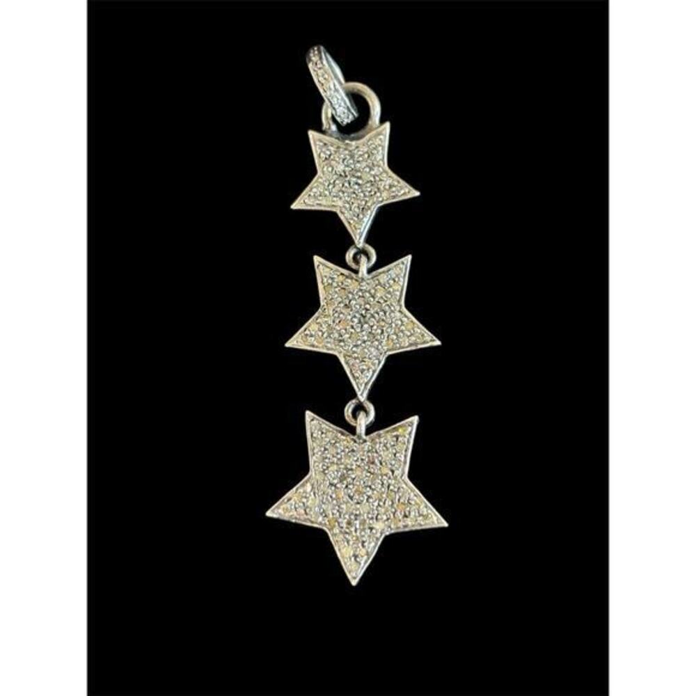 Celestial Three Star Sterling Silver Pavé Diamond 2” Pendant 925 Designer